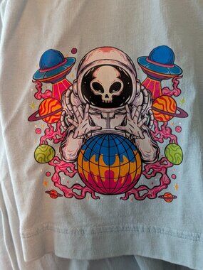 Men's XL Wolverine Blue T Shirt/ with Aliens, Skull, Space Ships on Rt Sleeve